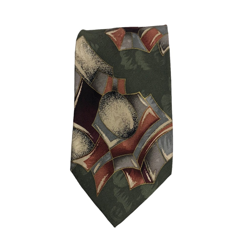 Vintage 80s Chez Roffe New York Green Multicolored Abstract Print Silk Tie